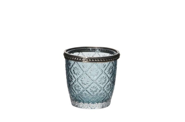Blaues Glaswindlicht Antik Teelichtglas Lanshaus 9,5 cm