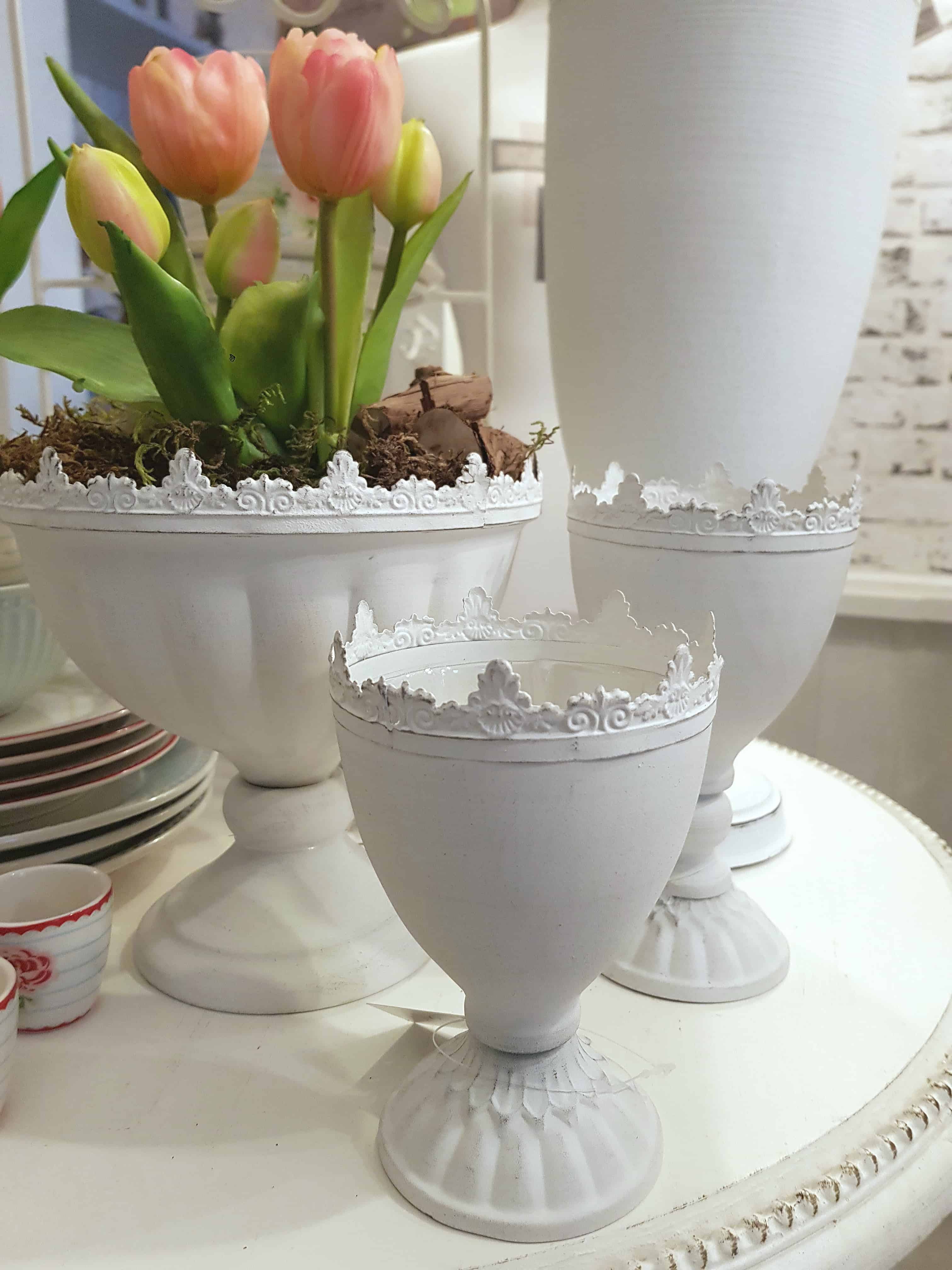 Kanne für Pflanzen Creme Weiß Keramil Shabby Landhaus Antik Übertopf Pokal Vase 
