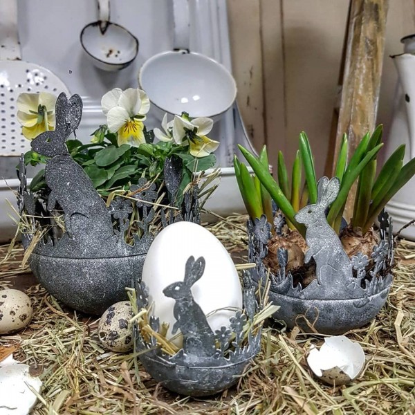 3er Set Pflanztöpfe Zink Hase Frühling Garten Shabby