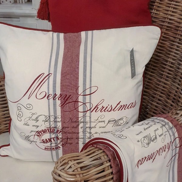 Kissenhülle "Merry Christmas" Baumwolle Shabby Vintage Landhaus Weiß-Rot